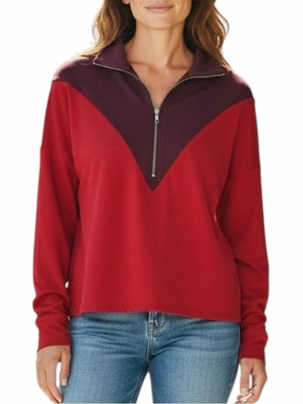 NWOT LIVI Red And Maroon Color Block Partial Zip Up Long Sleeve Top